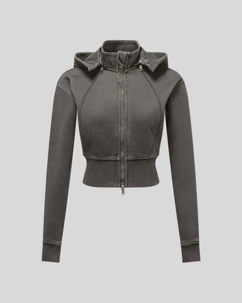 Vintage Washed Edition Hoodie in Dark Gray with cropped silhouette, contoured seams and front zipper