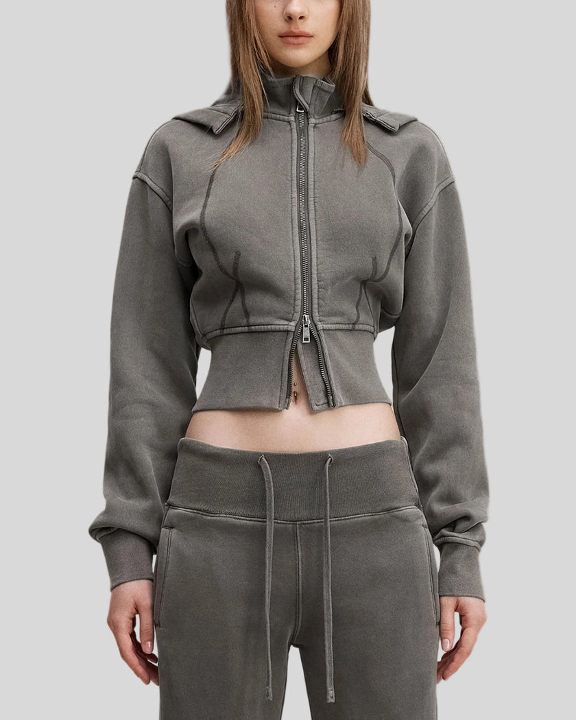 Mid body front view of woman wearing Vintage Washed Edition Hoodie in Dark Gray