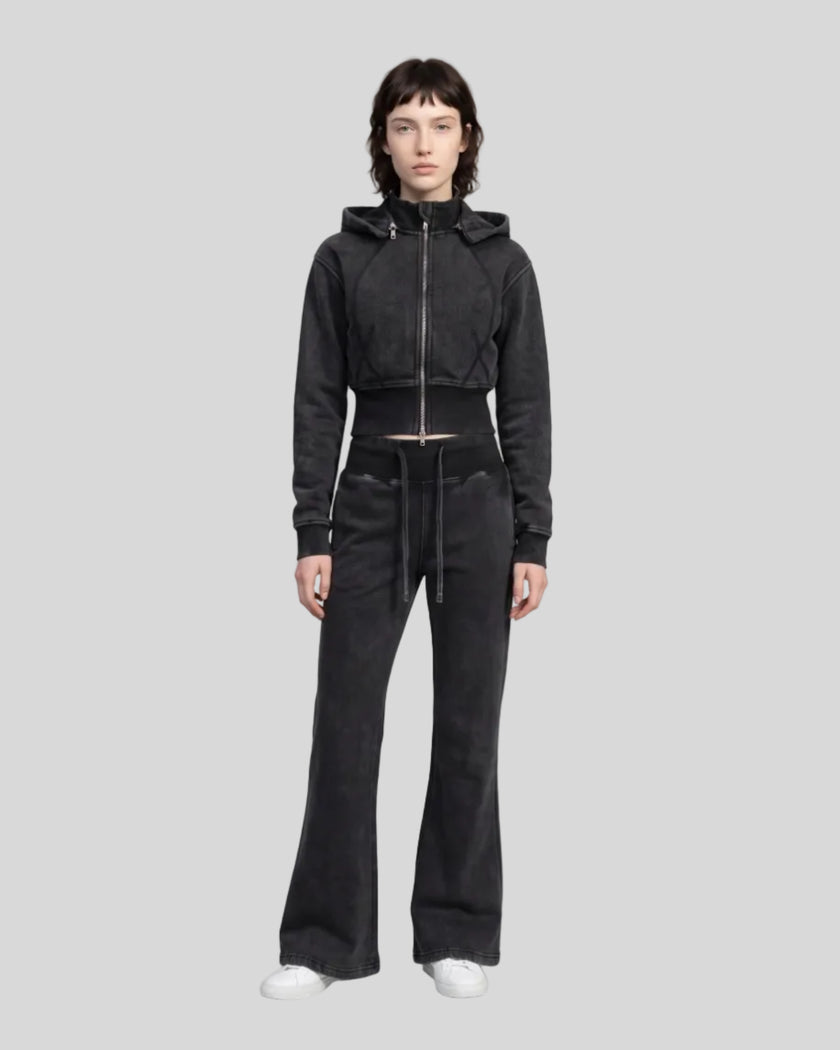 Full body front view of woman styling Vintage Washed Edition Hoodie and matching Pants in Black