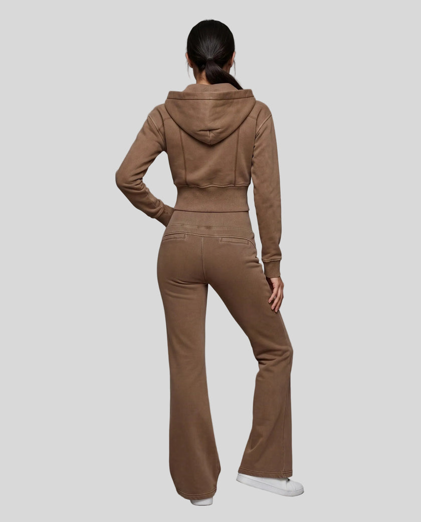 Full body back view of woman styling Vintage Washed Edition Hoodie and matching Pants in Coffee with coordinated streetwear