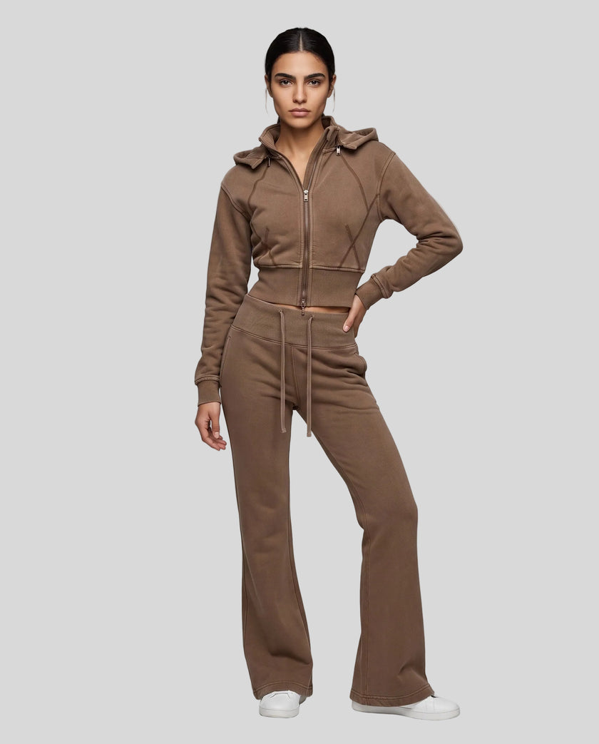 Full body front view of woman styling Vintage Washed Edition Hoodie and matching Pants in Coffee