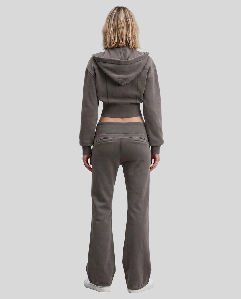 Full body back view of woman styling Vintage Washed Edition Hoodie and matching Pants in Dark Gray