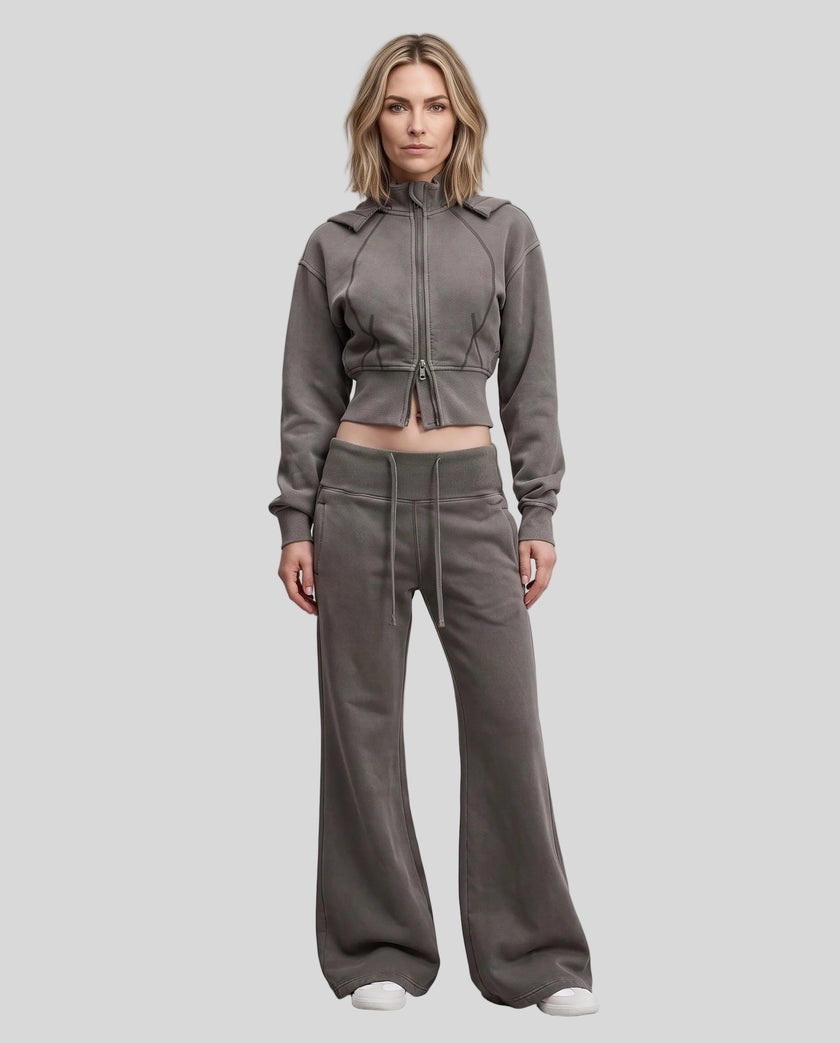 Full body front view of woman styling Vintage Washed Edition Hoodie and matching Pants in Dark Gray