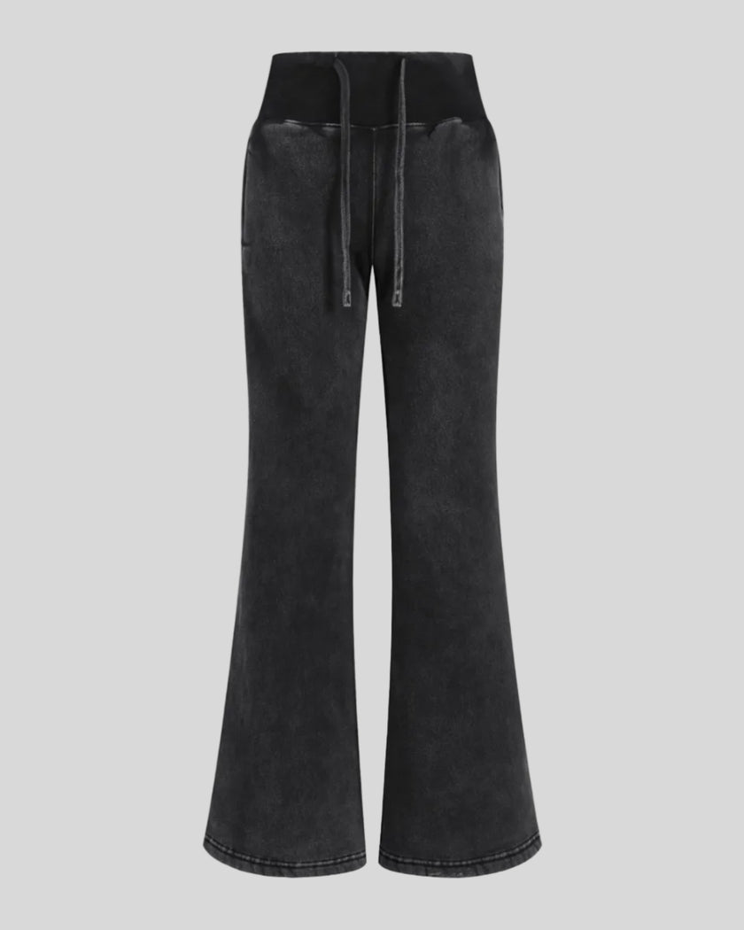 Vintage Washed Edition Pants in Black with flared legs and drawstring waist, front view