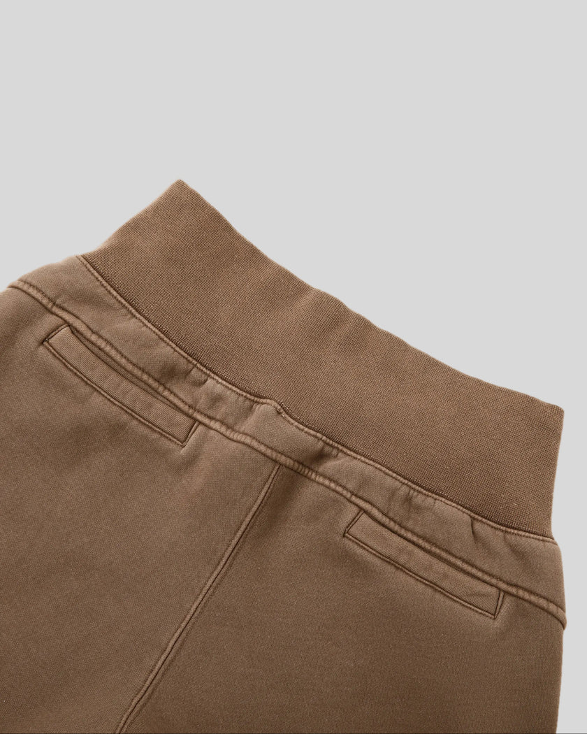 Closeup of back ribbed waistband and welt pocket details on Vintage Washed Edition Pants in Coffee