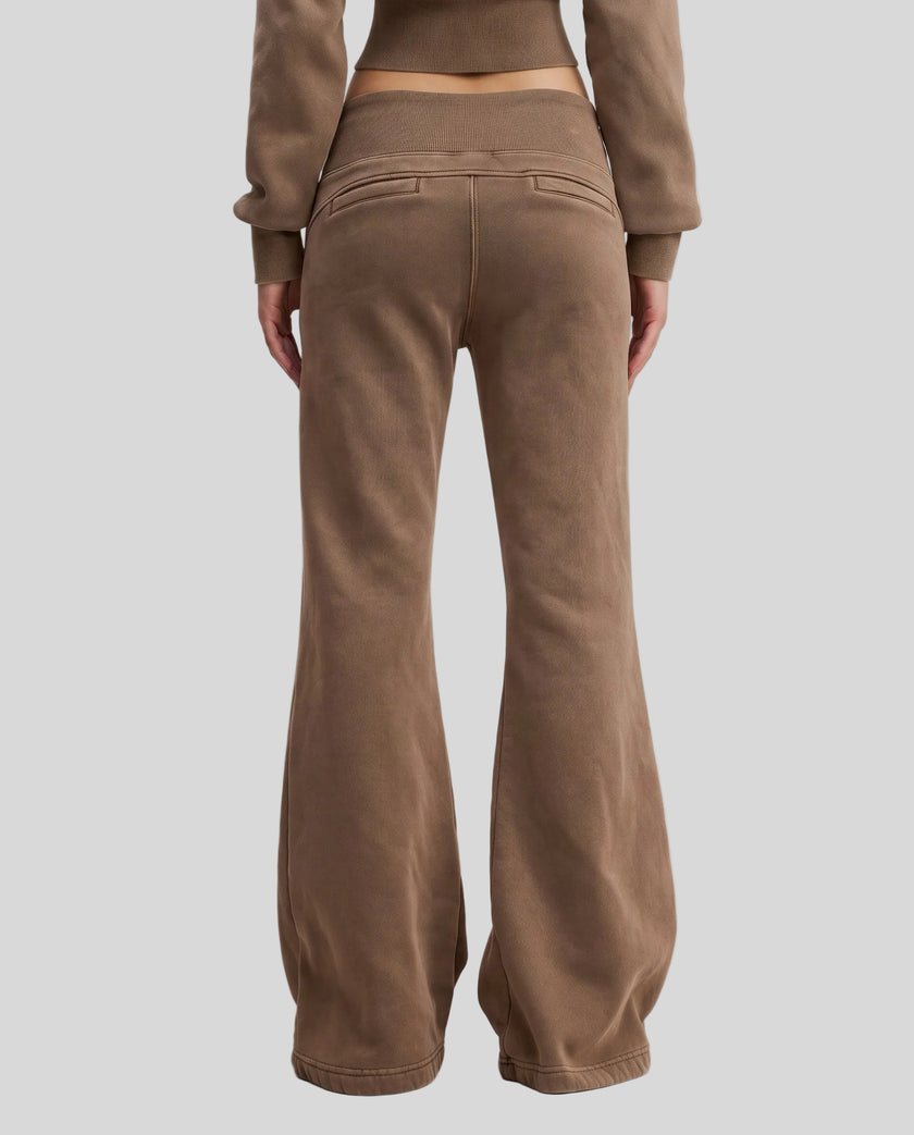 Lower body back view of woman wearing Vintage Washed Edition Pants in Coffee with flared leg silhouette