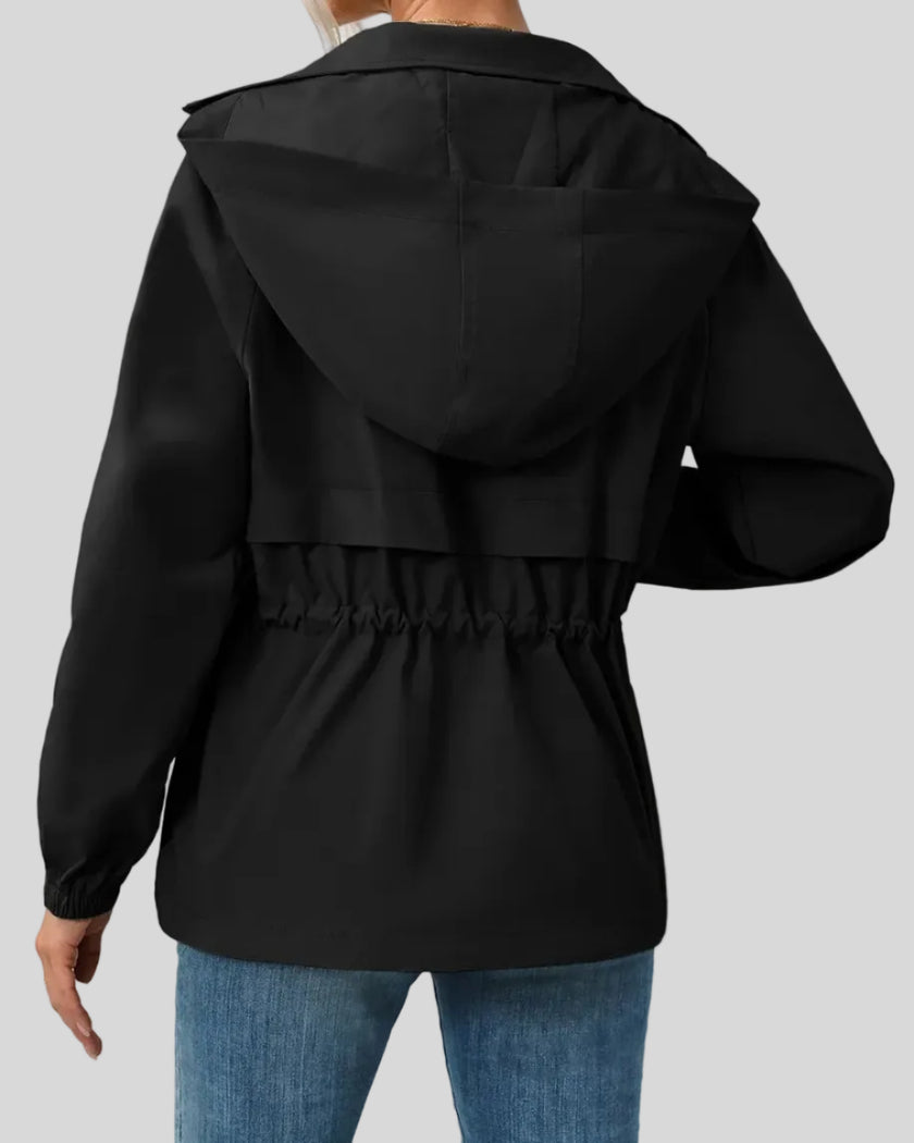 WeekendEase Hooded Jacket in black back view showing relaxed structure