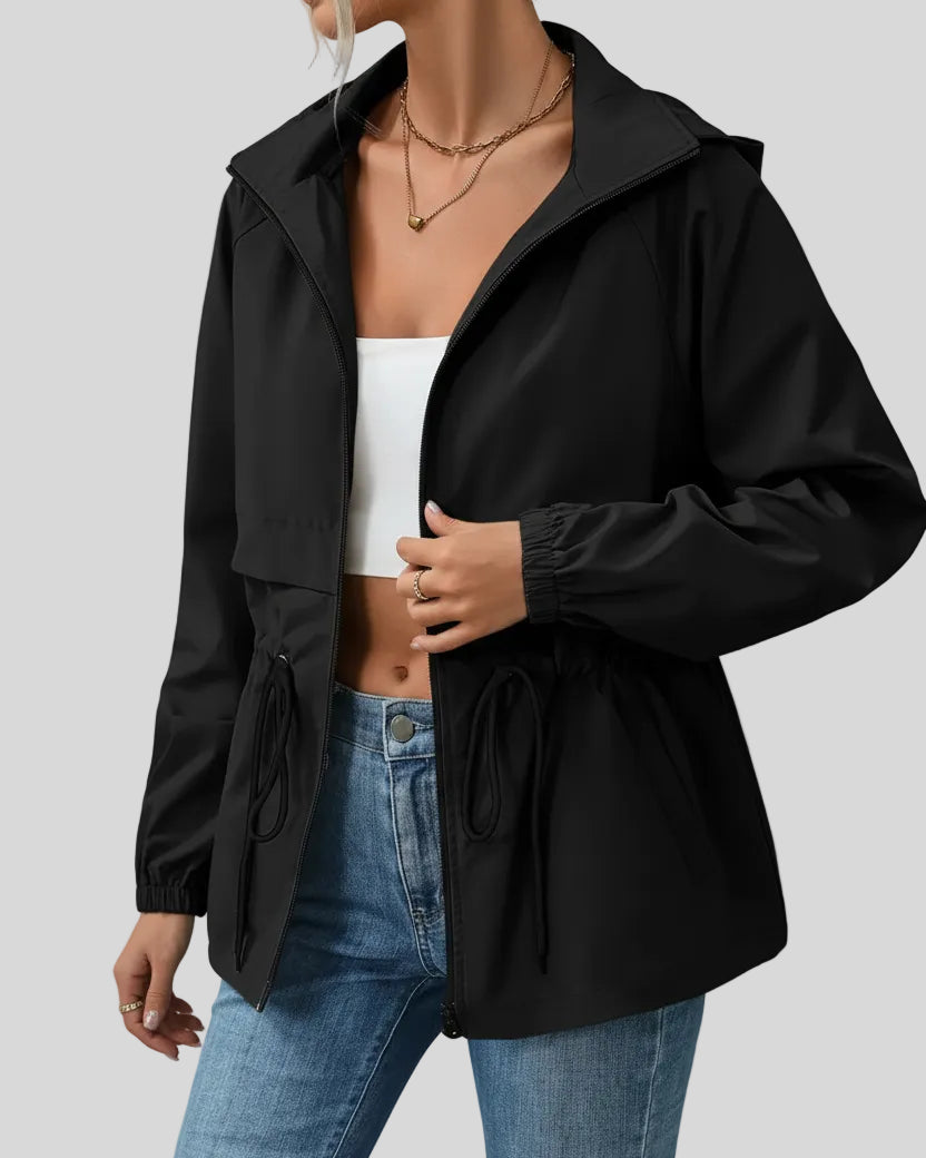 WeekendEase Hooded Jacket in black angled front open view highlighting adjustable waist and structure