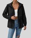 WeekendEase Hooded Jacket in black front open view showing zip closure and relaxed fit