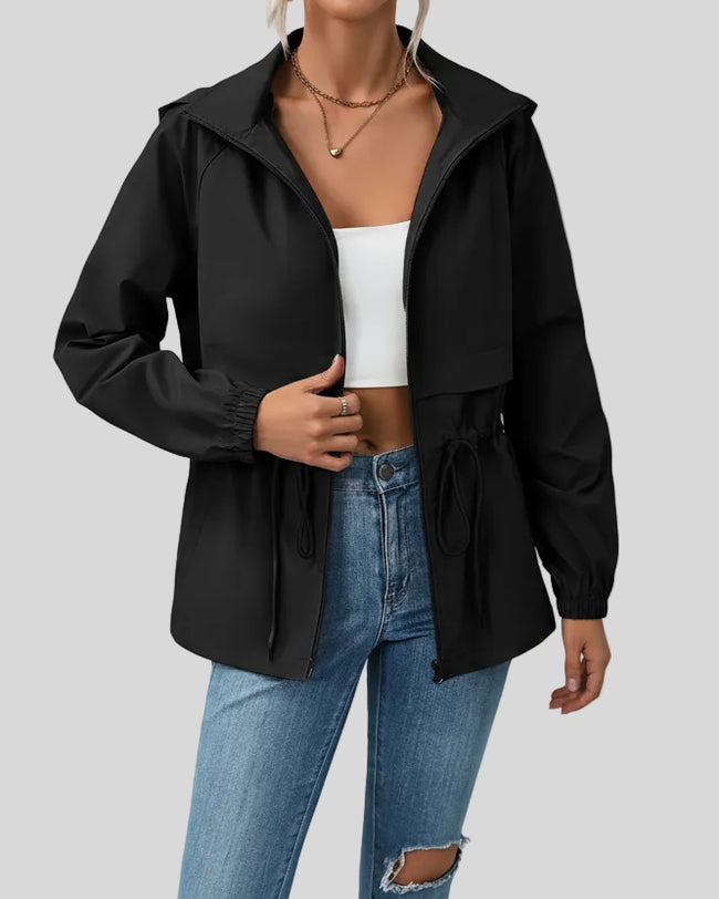WeekendEase Hooded Jacket in black front open view showing zip closure and relaxed fit