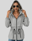 Weekendease Hooded Jacket in gray front closed view with hood up showing silhouette and fit