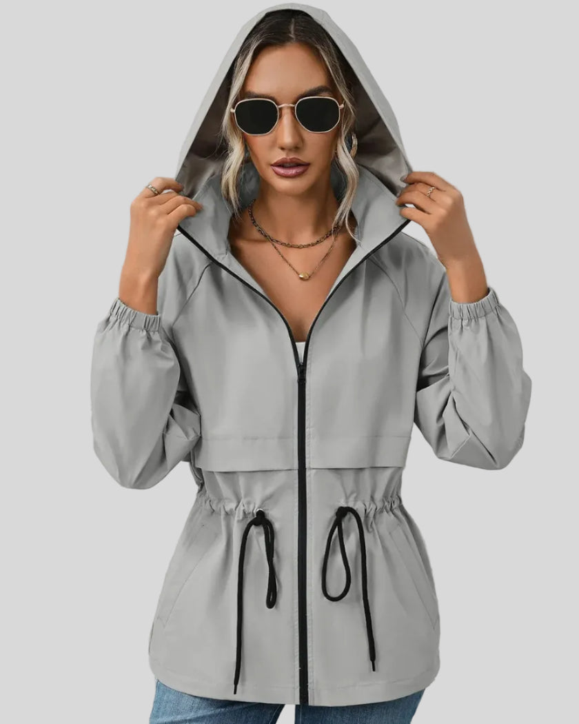 Weekendease Hooded Jacket in gray front closed view with hood up showing silhouette and fit