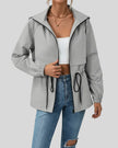 WeekendEase Hooded Jacket in gray front open view showing zip closure and relaxed fit