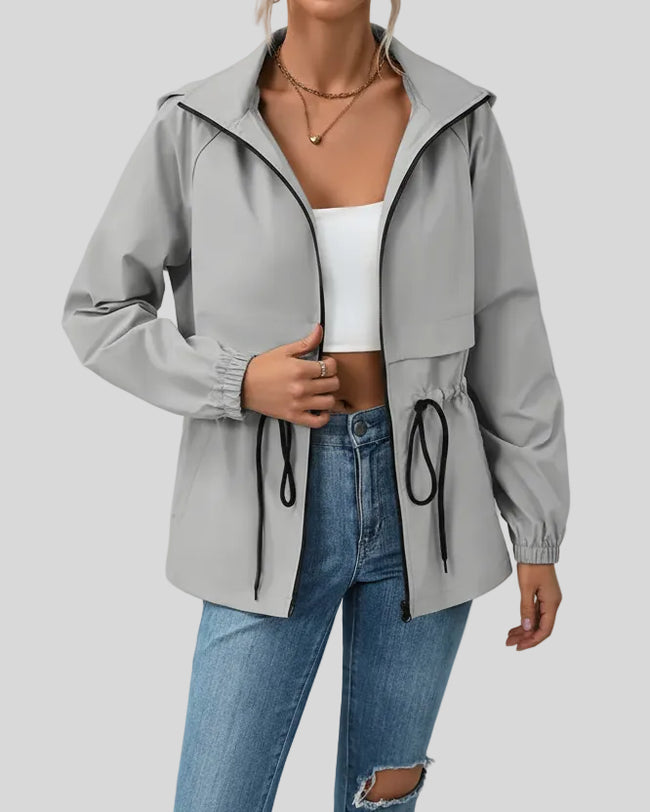 WeekendEase Hooded Jacket in gray front open view showing zip closure and relaxed fit