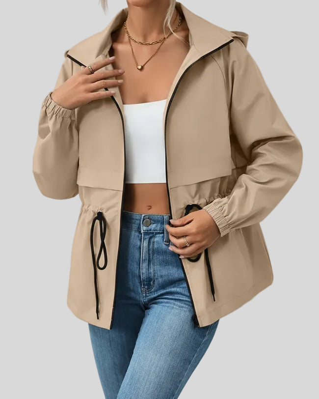 WeekendEase Hooded Jacket in khaki angled front open view highlighting adjustable waist and structure