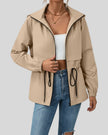 WeekendEase Hooded Jacket in khaki front open view showing zip closure and relaxed fit