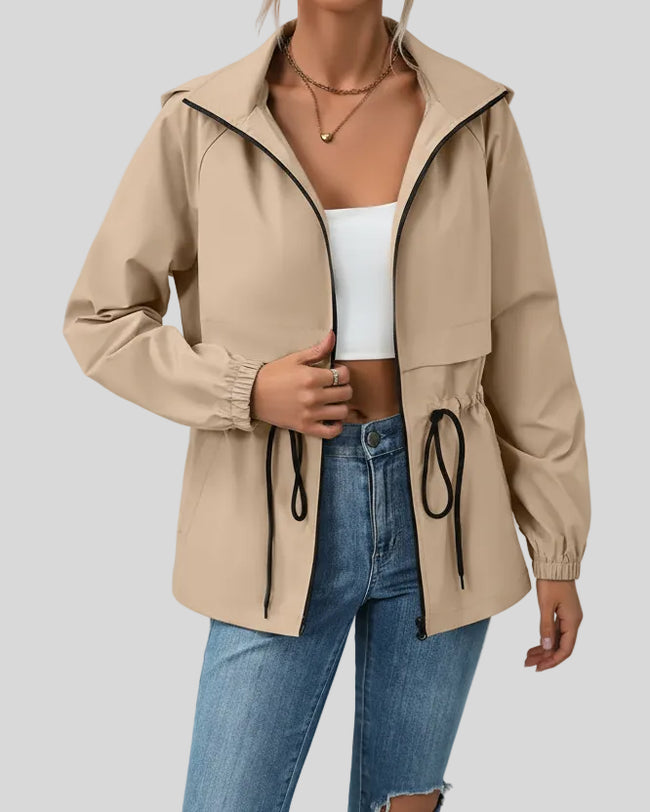 WeekendEase Hooded Jacket in khaki front open view showing zip closure and relaxed fit