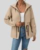 WeekendEase Hooded Jacket in khaki front open view showing zip closure and relaxed fit