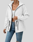 WeekendEase Hooded Jacket in white angled front open view highlighting adjustable waist and structure