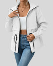 WeekendEase Hooded Jacket in white front open view showing zip closure and relaxed fit
