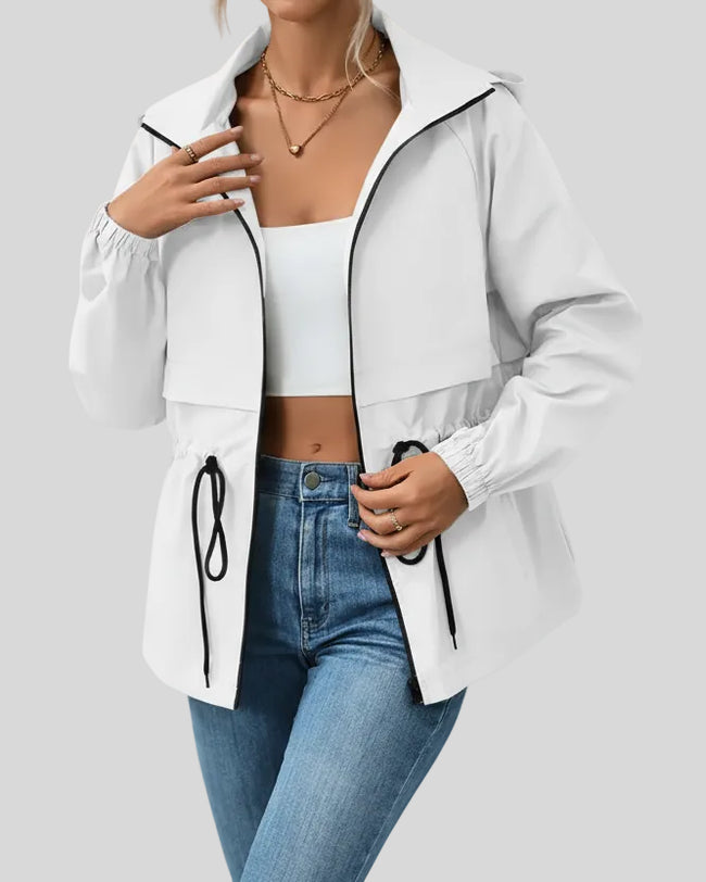WeekendEase Hooded Jacket in white front open view showing zip closure and relaxed fit