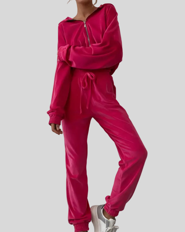 Hot pink zip-up lounge set worn full body front view