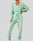 Light green zip-up lounge set worn full body front view