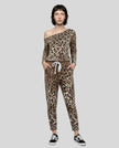 Model wearing Athlesi one-shoulder leopard top and pant set full body front