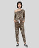 Model wearing Athlesi one-shoulder leopard top and pant set full body front