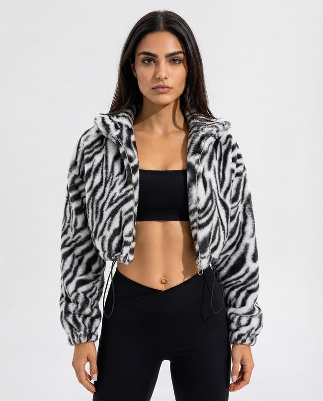 WildForm Plush Zip Jacket in black worn by model front view styled open in a clean studio setting