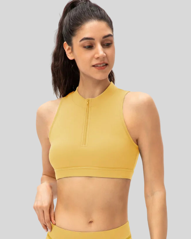 Zip-front sports bra in Banana Yellow  shown from the front