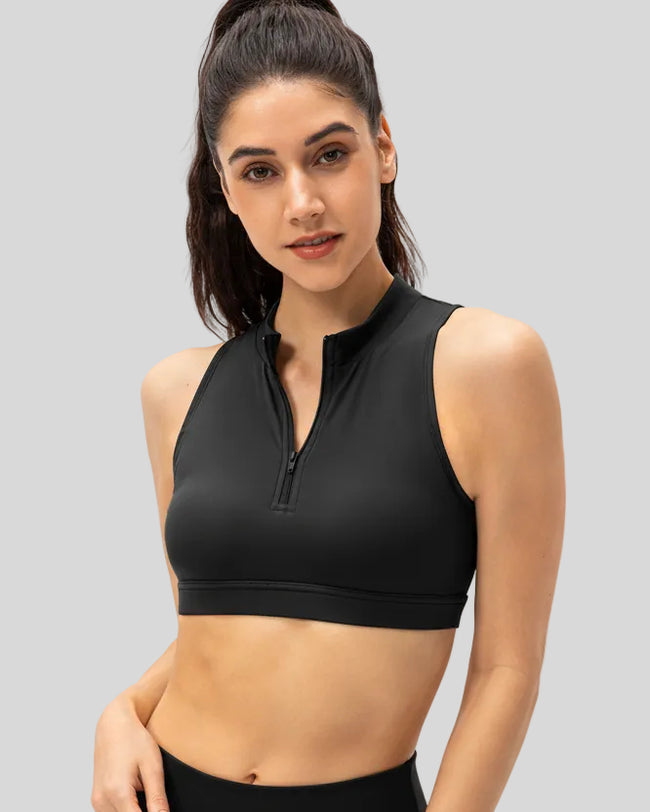Zip-front sports bra in Black shown from the front