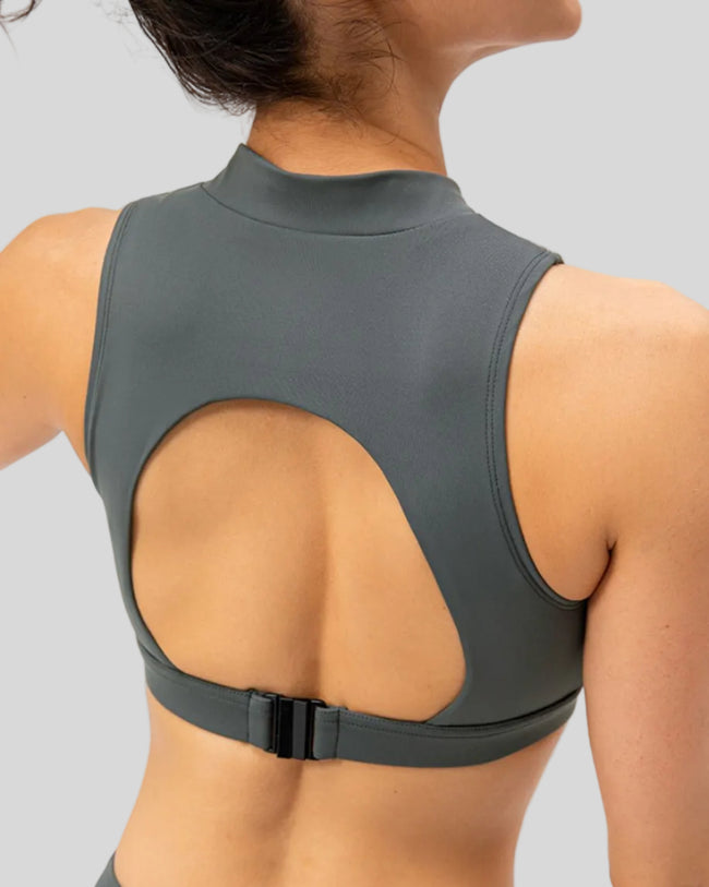 Open-back cutout sports bra in Cloudy Blue shown from the back