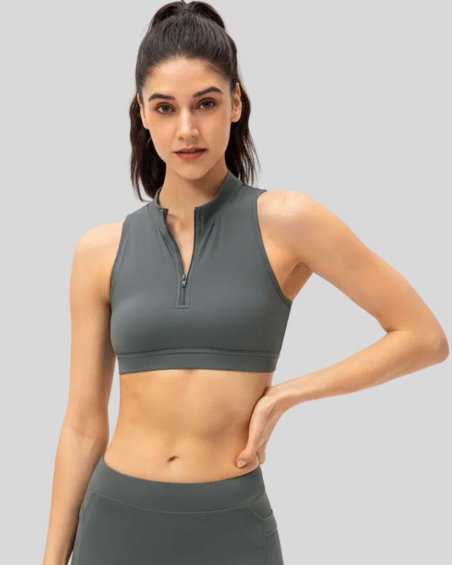 Zip-front sports bra in Cloudy Blue shown from the front