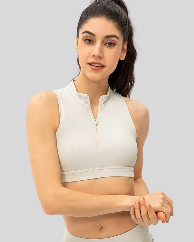 Zip-front sports bra in White shown from the front