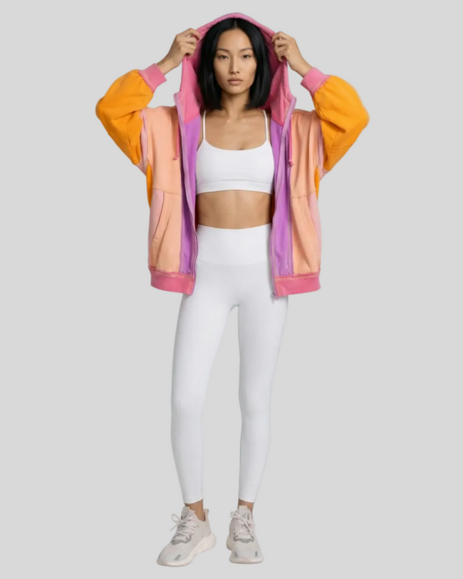 AuraShift Colorblock Hoodie with hood up in full body Athlesi styling