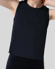 CoreLine Active Tank in black, front view with round neckline and clean silhouette