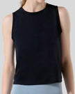 Close-up of CoreLine Active Tank fabric and round neckline detail in black