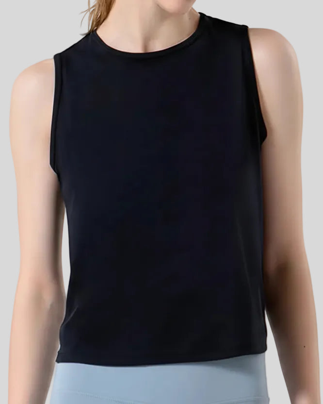 Close-up of CoreLine Active Tank fabric and round neckline detail in black