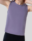 Close-up of CoreLine Active Tank fabric and round neckline detail in lavender