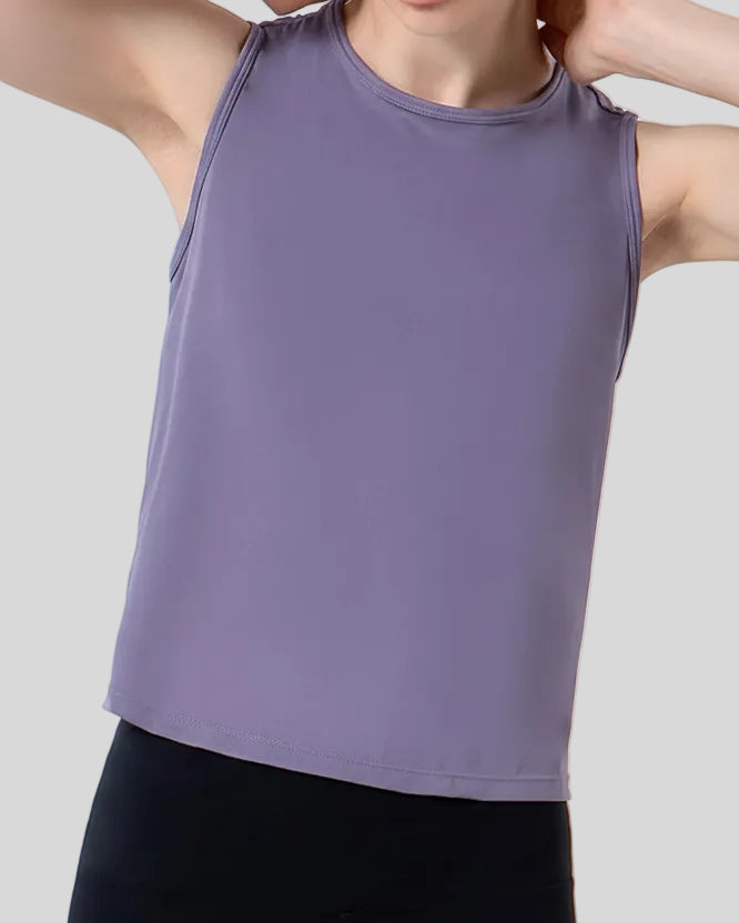 Close-up of CoreLine Active Tank fabric and round neckline detail in lavender