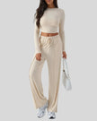 EaseLounge long-sleeve lounge set in apricot, front view with relaxed fit and drawstring pants