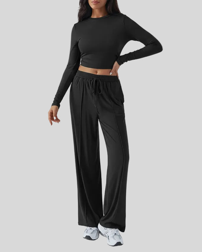 EaseLounge long-sleeve lounge set in black, front view with relaxed fit and drawstring pants