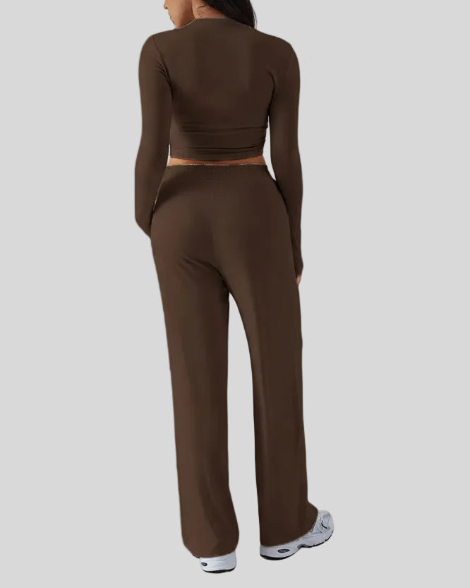 Back view of EaseLounge long-sleeve lounge set in Brown with clean lines and comfortable fit