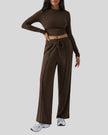 EaseLounge long-sleeve lounge set in brown, front view with relaxed fit and drawstring pants