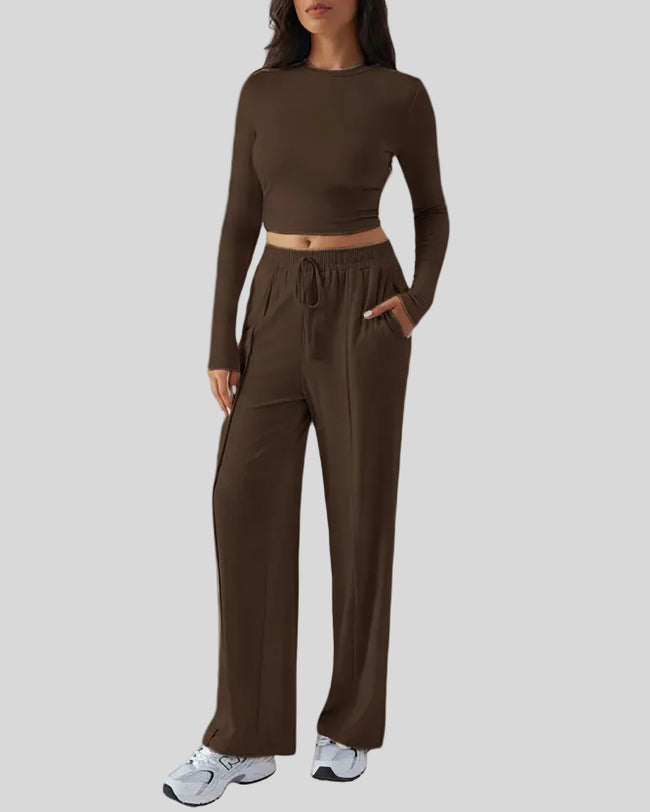 Side view of EaseLounge long-sleeve lounge set in Brown showing fluid drape and relaxed silhouette