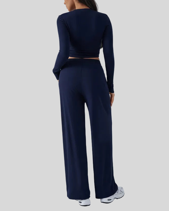 Back view of EaseLounge long-sleeve lounge set in Navy Blue with clean lines and comfortable fit