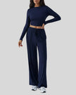 EaseLounge long-sleeve lounge set in navy blue, front view with relaxed fit and drawstring pants