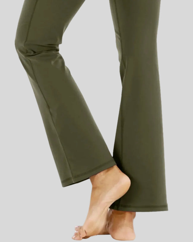 Close-up of leg fit and drape on Athlesi FlexEase Pocket Active Pant in army green