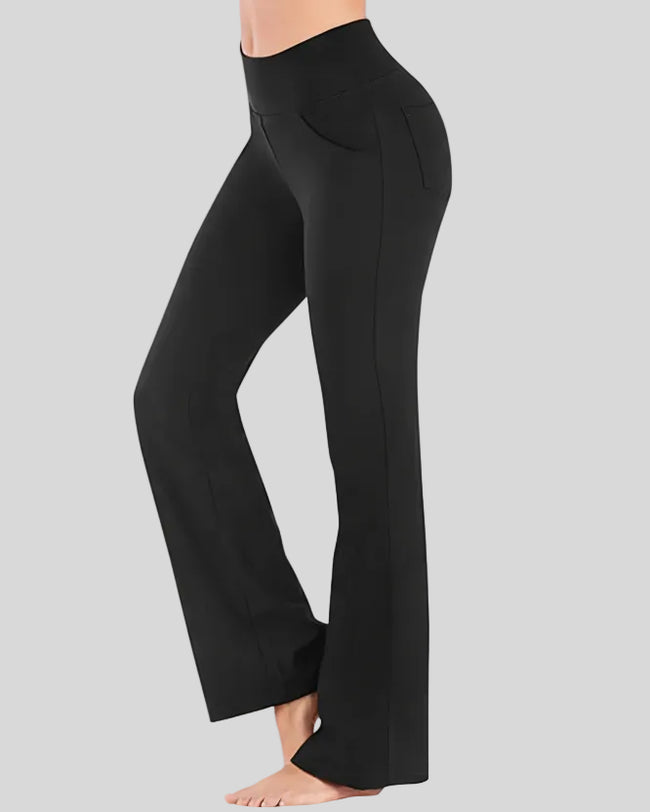 Side view of Athlesi FlexEase Pocket Active Pant in black, showing straight-leg fit